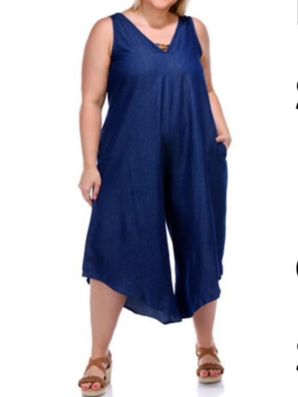 NWT Harlow & Rose Sleeveless Denim Wide-Leg Jumpsuit with Pockets S & M